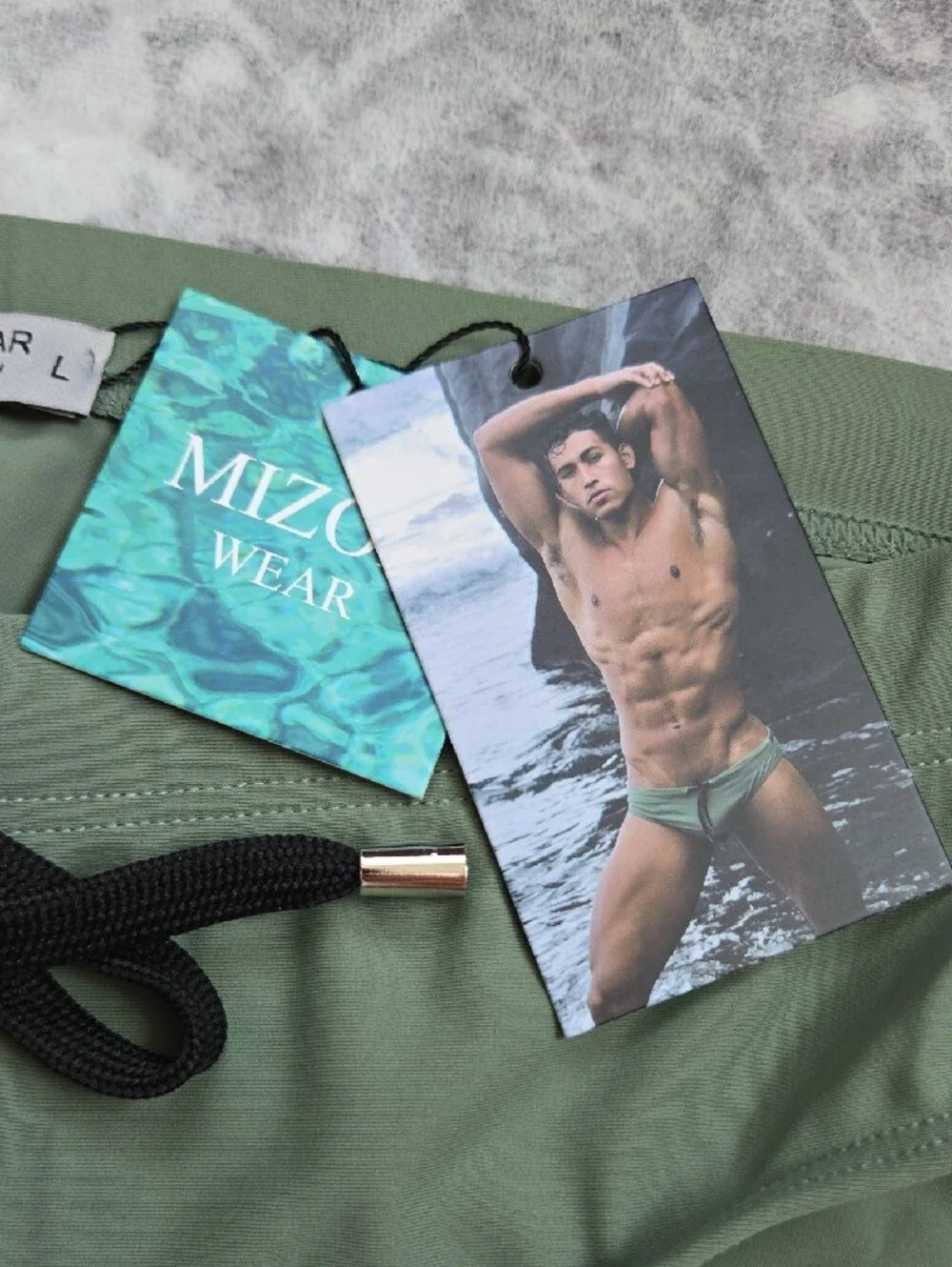 Men's Olive Green Swim Trunks with Black Drawstring